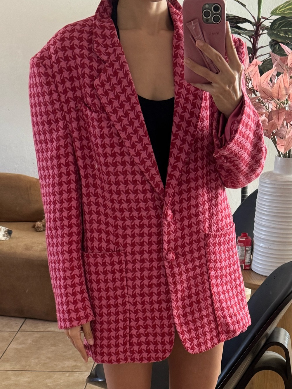AFRM Pink Houndstooth Oversized Blazer